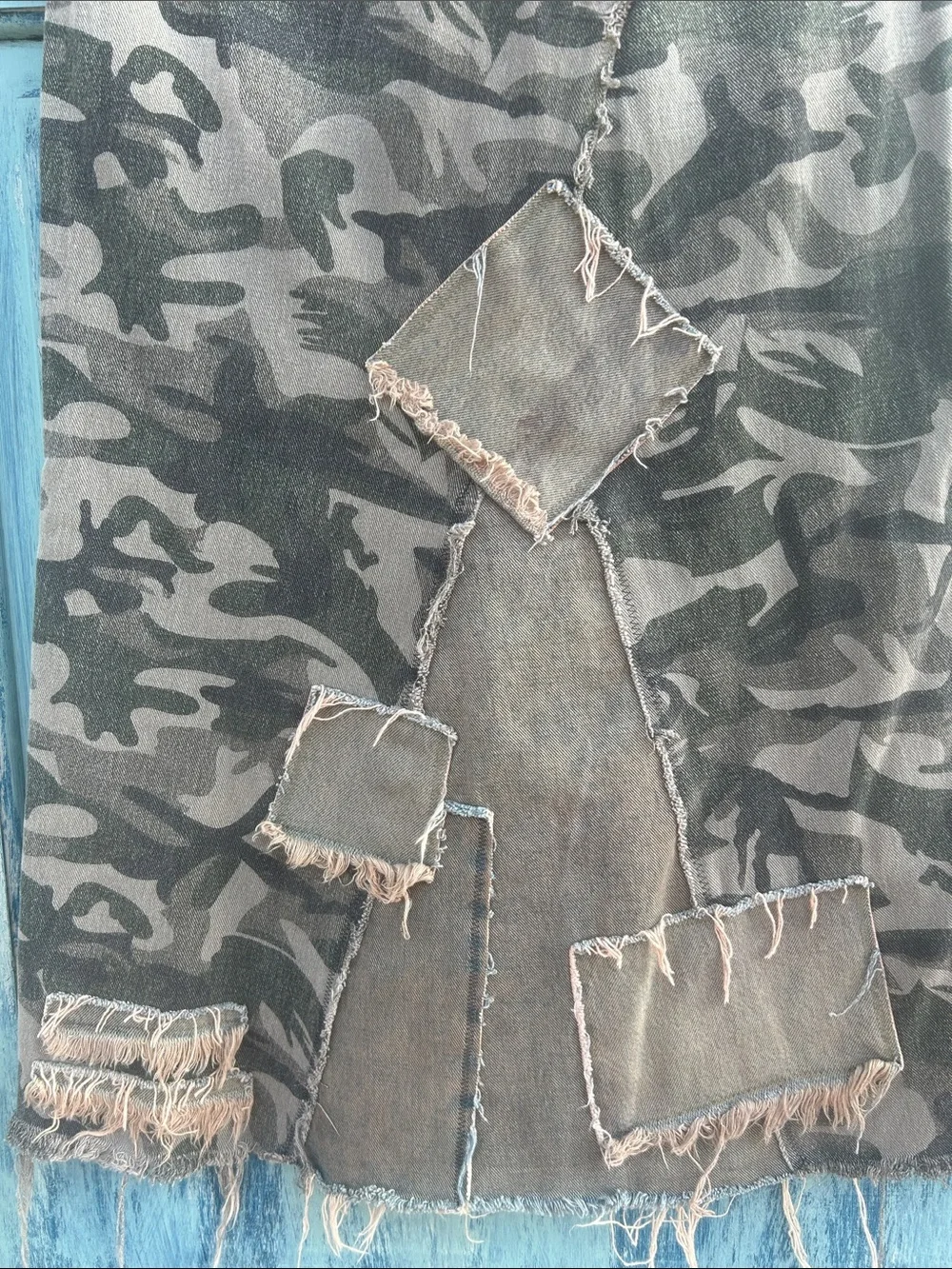 Upcycled KanCan tattered camouflage patched skirt